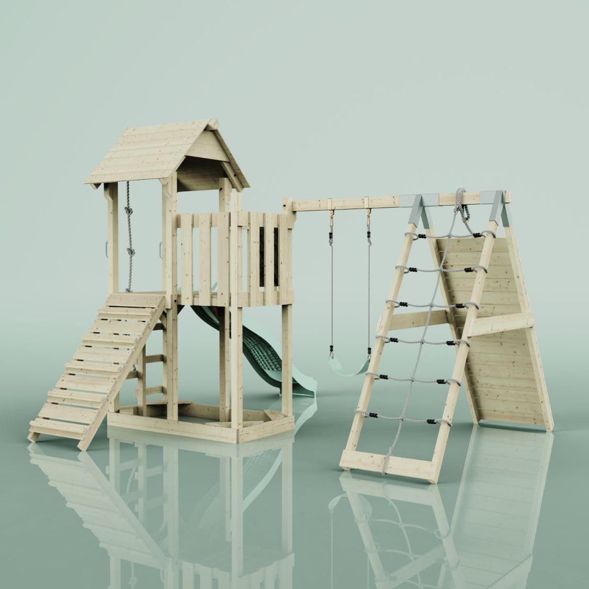ReboOutdoor Spielturm mit Wellenrutsche, Klettergerüst mit Kletterturm, Kletterwand und Klettwernetz,Mintgrün