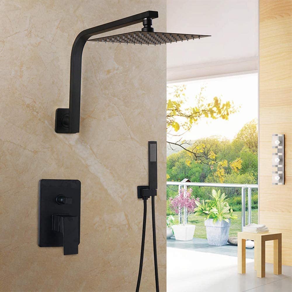 Système de Douche à Montage Mural Noir avec Mitigeur et Douche Pluie