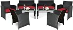 Tangkula 4 PCS Ensemble de conversation de patio en osier, Canapés en rotin extérieur avec ensemble de table, Ensemble de meubles de p ratio avec coussins doux & Table à café en verre trempé pour Balcon