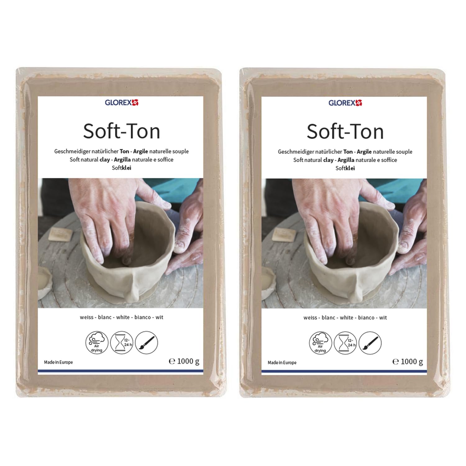 Glorex GmbH Soft TON - Terracotta, 1000 g, indurente all'Aria o al Calore, Argilla, Bianco (Confezione da 2)