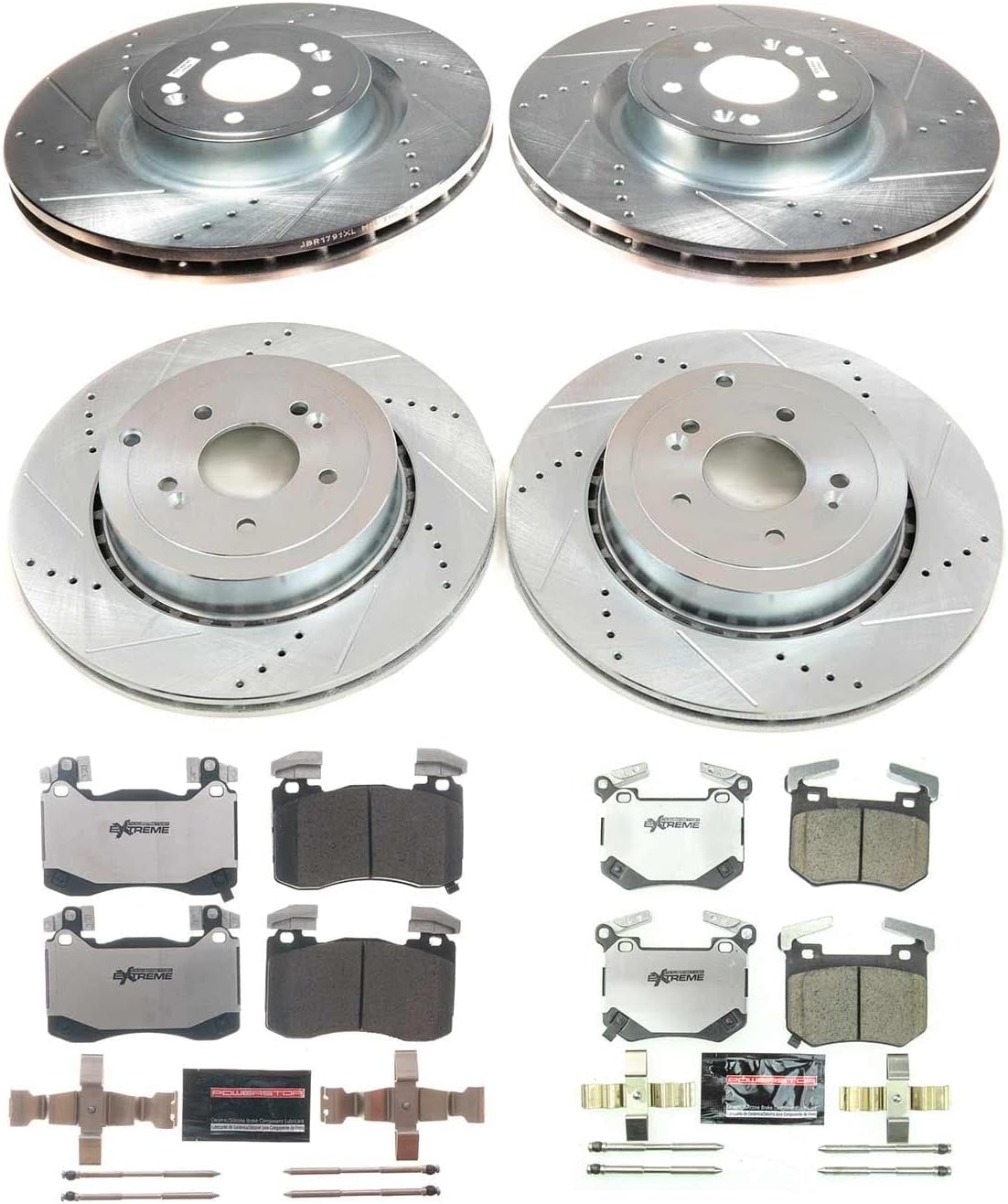 PowerStop Front and Rear Brake Kit For Genesis G70 2019-22 | Kia Stinger 2018-22 - Carbon Fiber Ceramic Brake Pads + Drilled & Slotted Rotors Upgrade, K8510-26