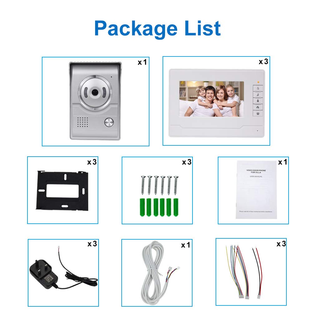 KDL Nuevo Diseño Sistema de Intercomunicación de Video Inteligente el Hogar Timbre de video de 7 pulgadas puerta teléfono, Cámara impermeable al aire libre con monitor para el hogar (3 Monitor)
