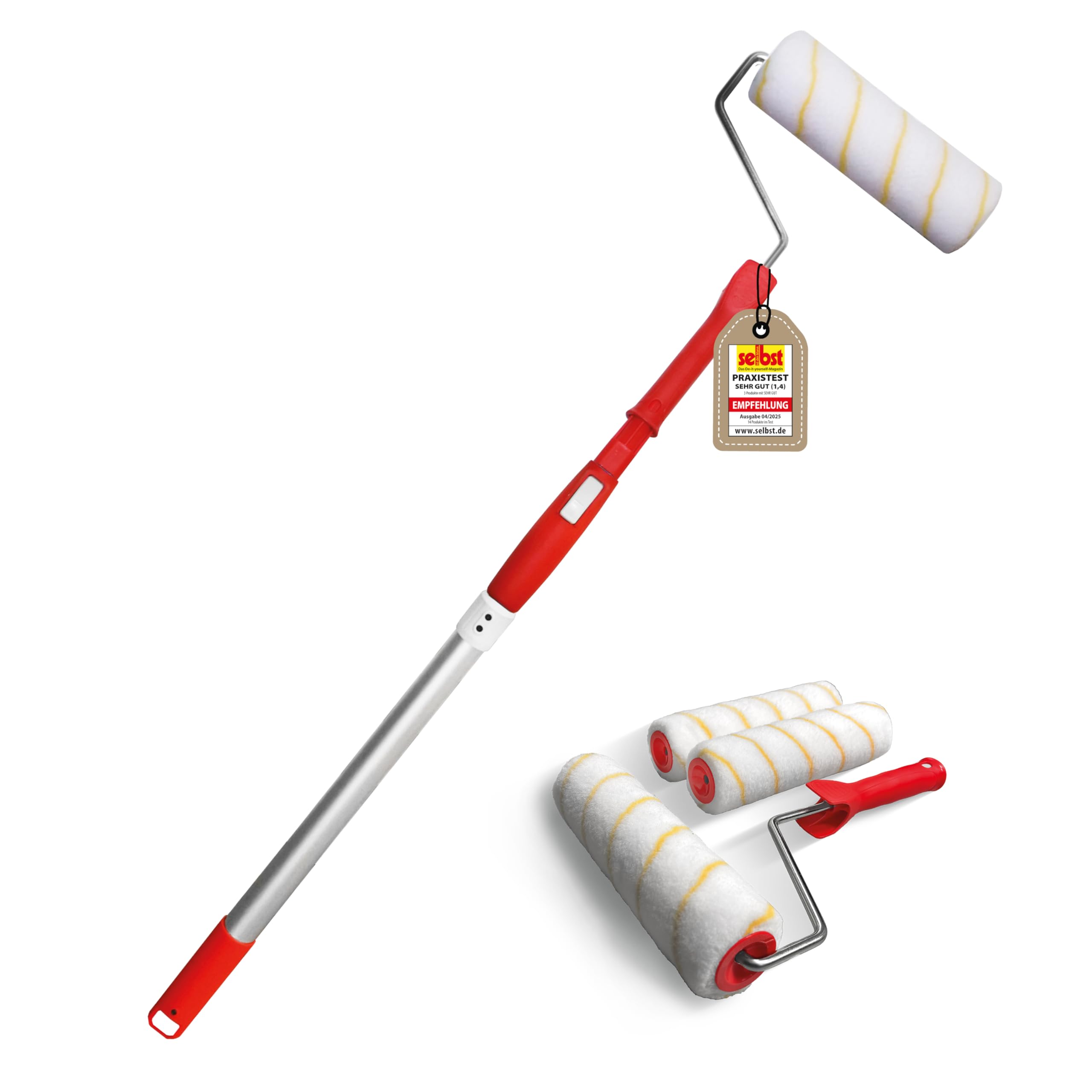 mako Teleskoproller-Set EASYREACH – 7-teiliges Set, ausziehbarer Alustiel (108–175 cm, Universalkonus), 4 x Antitropf-Malerwalze & 2x ergonomischer Bügel – für Decken & hohe Wände