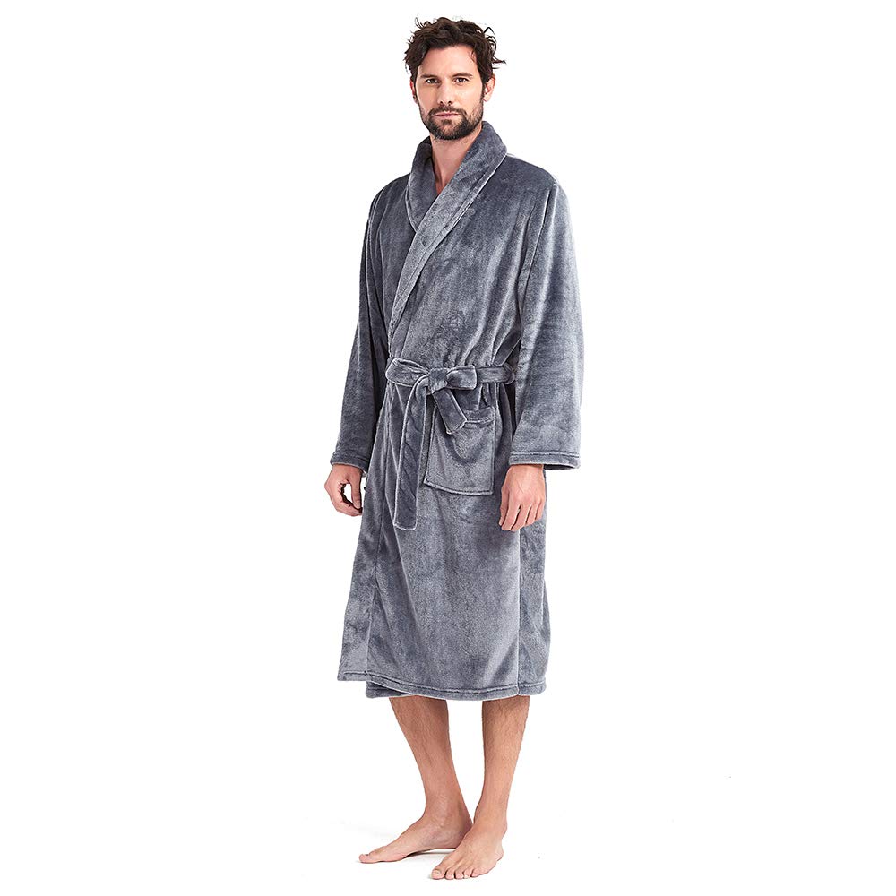 Mens Fleece Hooded Robe Plush Collar Shawl Bathrobe Soft Warm Long Sleeve