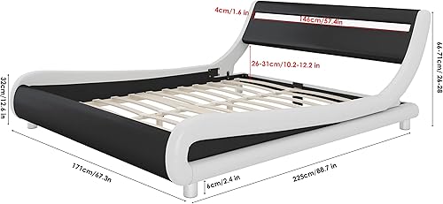 Miniatura 2 de Marco de cama de lujo tapizado en piel sintética con cabecera LED, diseño ondulado de perfil bajo, soporte de listones de madera, control remoto, no