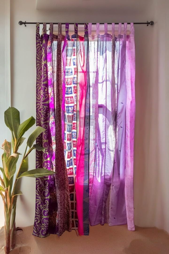 Assorted Vintage Silk Sari Curtain for Doorway, Sheer Bed Canopy, Patchwork Tapestry Window Treatment Curtains (84" x 43") Purple