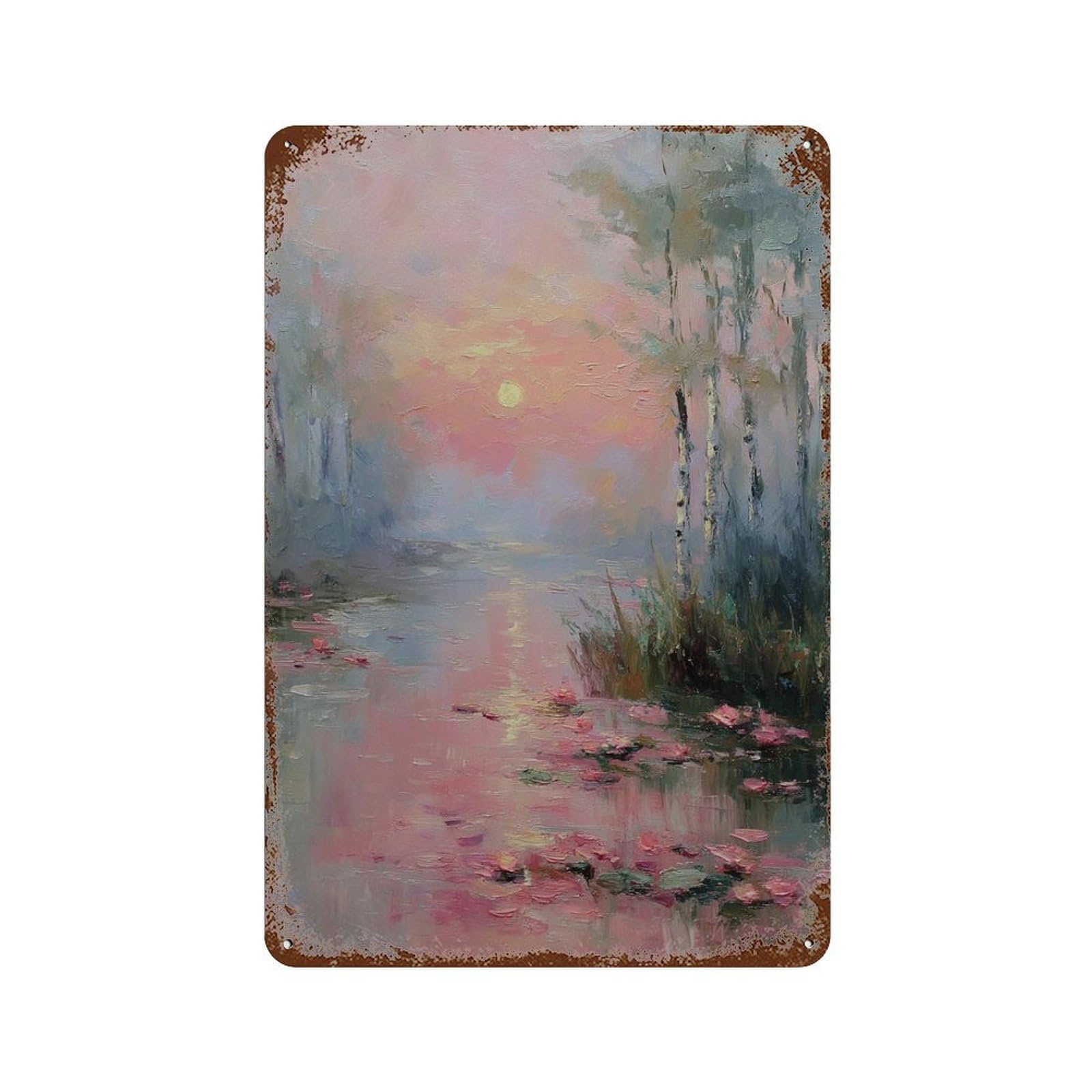 xiaoxiaoshen Pink Sunset Landscape Impressionist Serene Lake Reflection Pastel Sunrise Painti Wall Decor Art Metal Tin Poster Modern Home Decor Art Home Bar Shop Decorations Vintage Sign 30x20cm