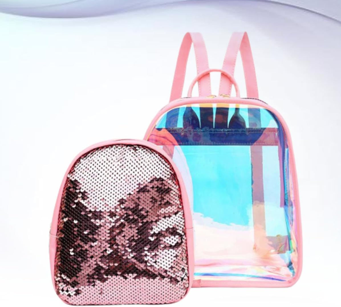 Sequin Backpack with Small Zipper Bag Pink PVC