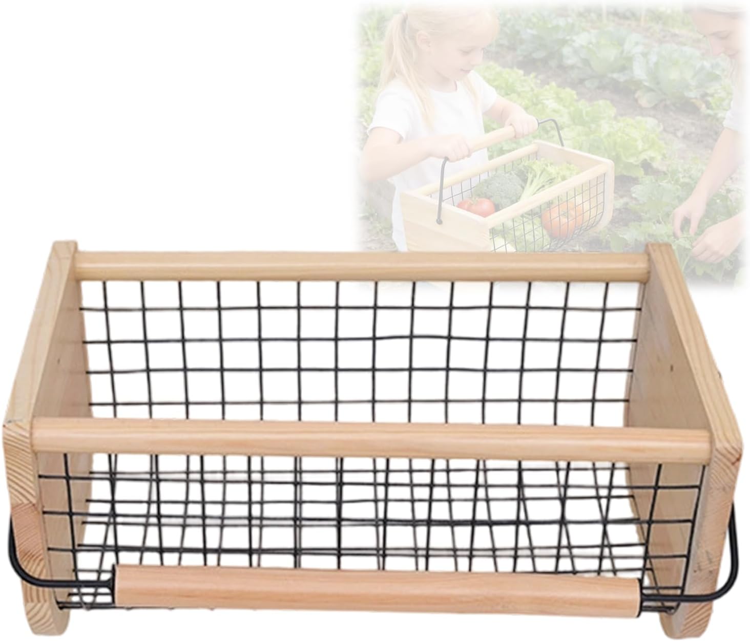 Fruit Vegetable Basket Ventilated Metal Wire with Wood Handle for Produce Preservation Food Storage 41x23x18cm Large Capacity