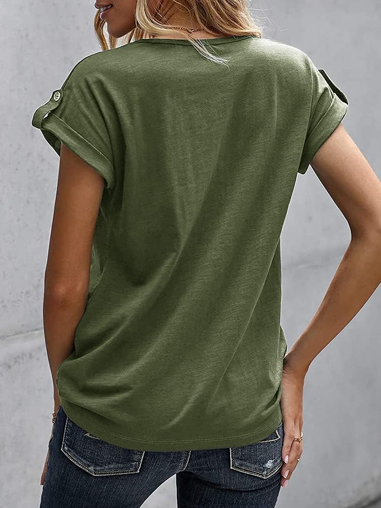 Womens V Neck T Shirts Rolled Short Sleeve Henley Tops Button Up Solid Loose fit Summer Casual Tees Shirts - Image 3