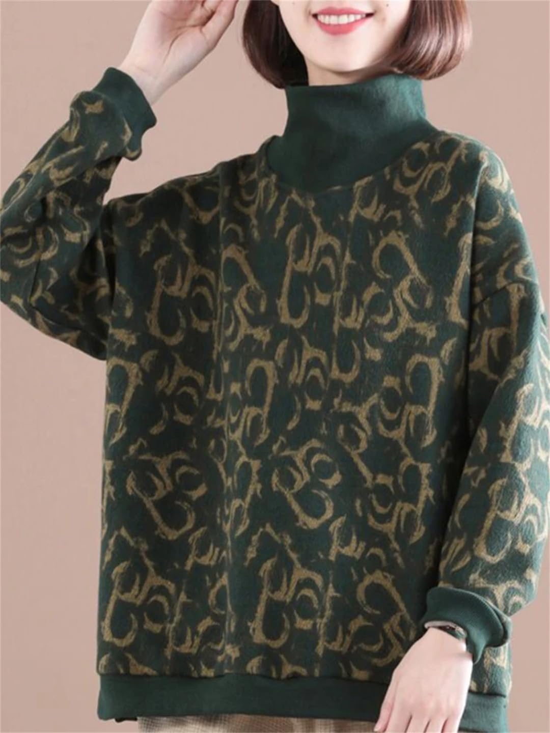 Zimowy damski sweter ciepły retro nadruk grube bluzy luźne topy z długim rękawem