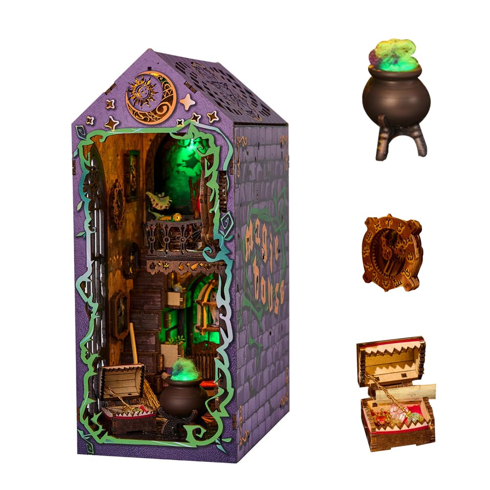DIY Book Nook Kit 3D Magic Wooden Book Stand Puzzle DIY Dollhouse Bookends Building Model Toy with LED Light for Teens and Adults Building Creative Gifts