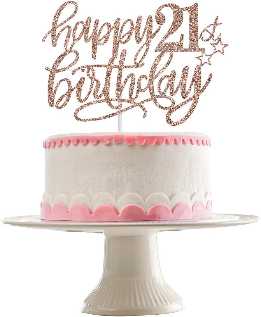Happy 21st Birthday Cake Topper Rose Gold Glitter, 21st Birthday Cake Topper, 21 Birthday Party Supplies, 21st Birthday Toppers for Cakes, 21st Birthday Cake Toppers（Double-sided Glitter）
