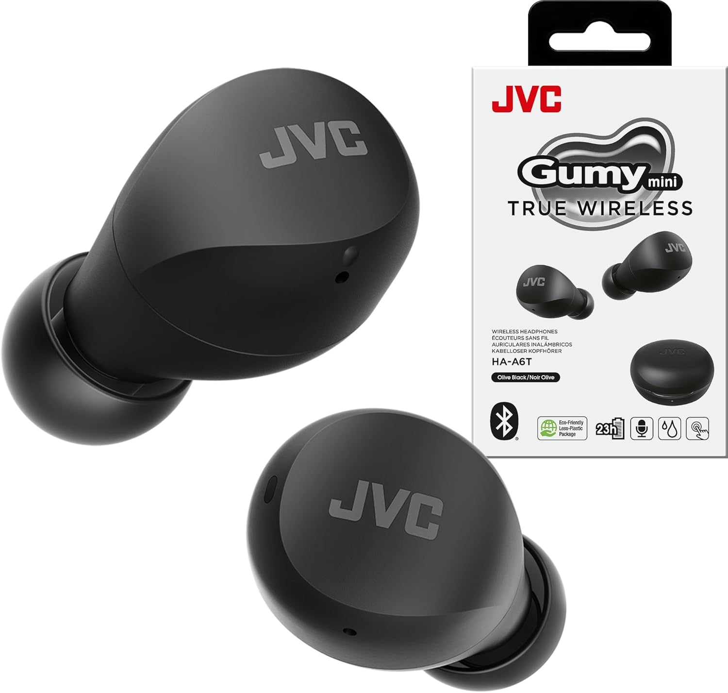 JVC Compact and Lightweight Gumy Mini True Wireless Earbuds Headphones, Long Battery Life (up to 23 Hours), Sound with Neodymium Magnet Driver, Water Resistance (IPX4) – HAA6TB (Black)