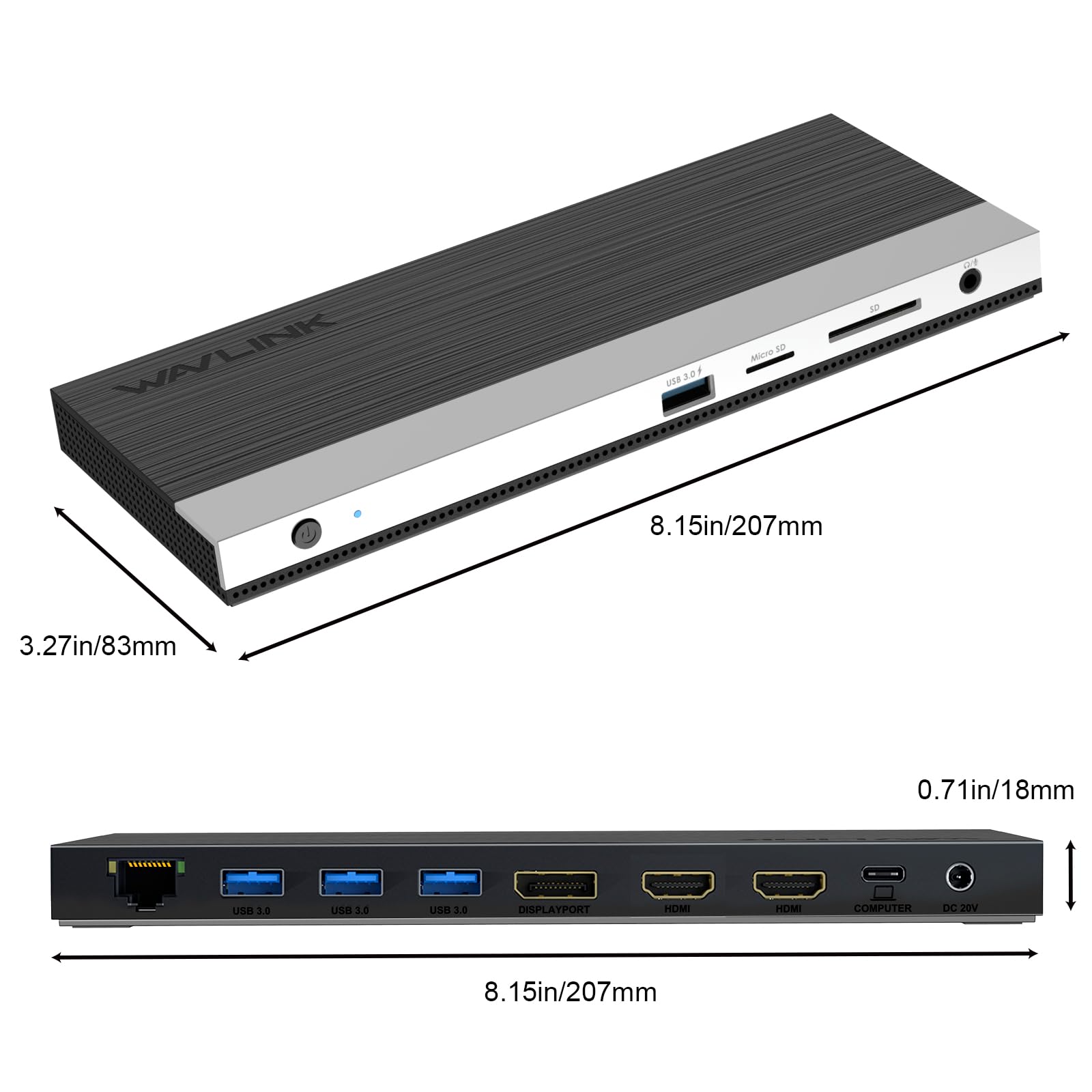WAVLINK Docking station USB C, dock triplo display 4k, supporto 100W per PC con DisplayPort, adattatore HDMI, USB 3.0, Gigabit Ethernet, slot per schede SD/TF, jack audio
