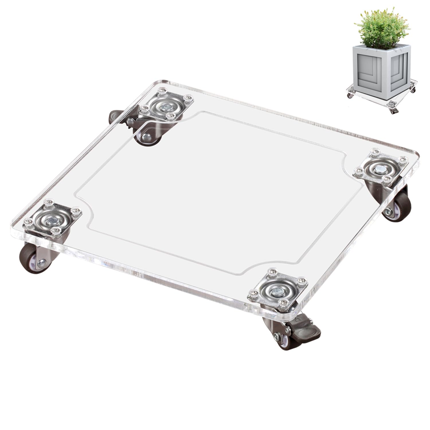 EMCOMS 1PC Transparent Clear Colour Plant Caddy 25x25cm Acrylic Heavy Duty Square Plant Stand with 2 Roller Lockable Caster Wheels,Indoor Outdoor Holds Up 64Kg Patio/Flower Pot/Dolly