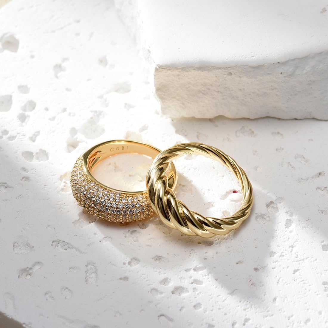 COBI Statement Rings for Women, Croissant Twisted Braided Band & Pave Cubic Zirconia Ring, Open Style, Chunky Dome Ring, Rhodium 18K Gold Plated Stackable Cocktail Rings, Fashion Jewelry, Size 7 8 9