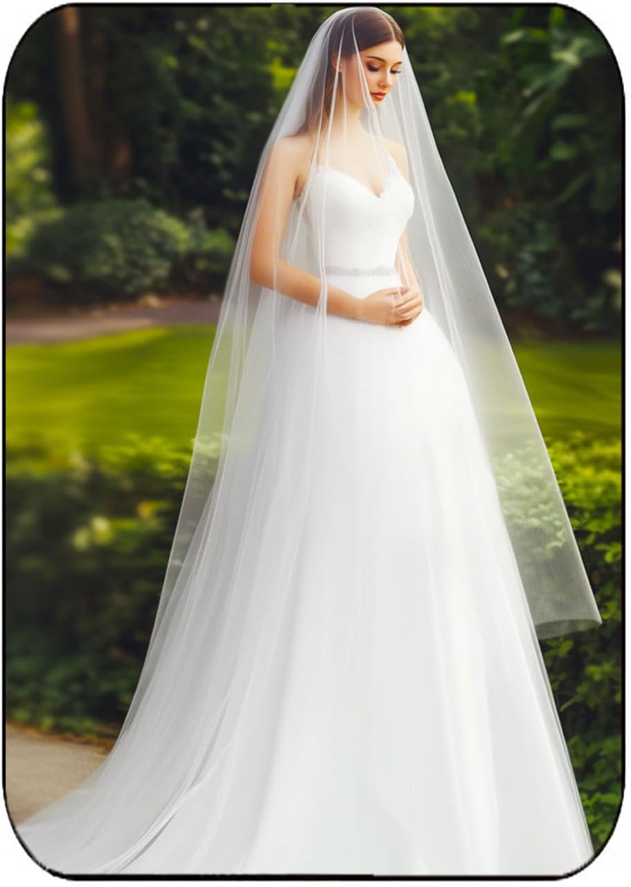 EASEDAILY Bride Wedding Veils White Long Cathedral Length 2 Tiers Bridal Tulle Veil with Comb for Women