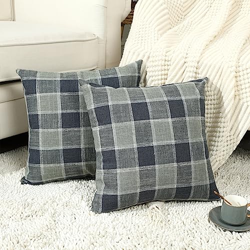 Stellhome Pack of 2 Linen Buffalo Check Decorative Throw Pillow Covers, Farmhouse Plaid Cushion Covers Rustic Retro Decor for Couch Sofa Living Room, 20x20 Inch, Dark Grey