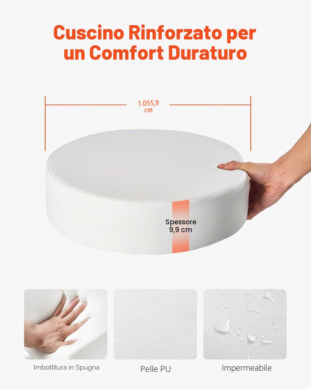 VEVOR Sgabello Girevole, Capacità di Peso 204 kg, Sgabello Girevole Rotondo in Pelle, Ispessita Regolabile in Altezza, Sgabello con Cuscino Spesso per Salone, Massaggi, Clinica, Bianco