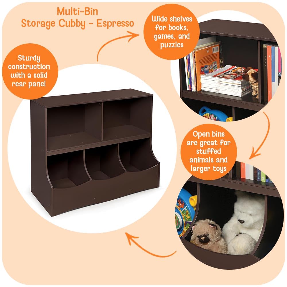 Badger Basket Multi-Bin Toy Storage Organizer and Bookshelf - Kids Cubby Shelf with 3 Bins, 2 Open Shelves, Top Display Surface - Wood Storage Unit for Playroom or Bedroom - Espresso