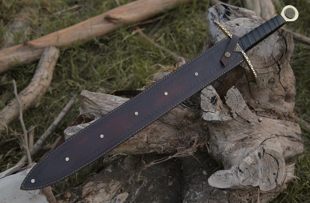 Handmade Damascus Steel Fixed Blade, 32 Inch Double Edge Medieval Sword, Leather Handle, Hunting Roman Sword with Leather Sheath for Combat, Hiking, Camping by Empire Industry