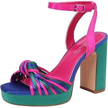 sun gurg Strappy Platform Heels for Women Square Open Toe Chunky High Heels Multicolored Ankle Strap Block Heeled Sandals for Prom Wedding Date Night