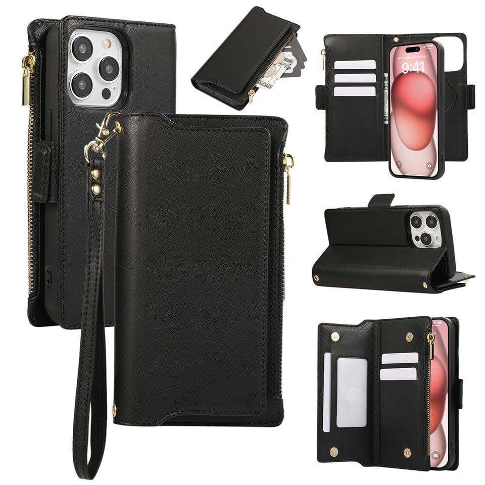 Étui en cuir iPhone 14 Pro Max protection noire pour le quotidien