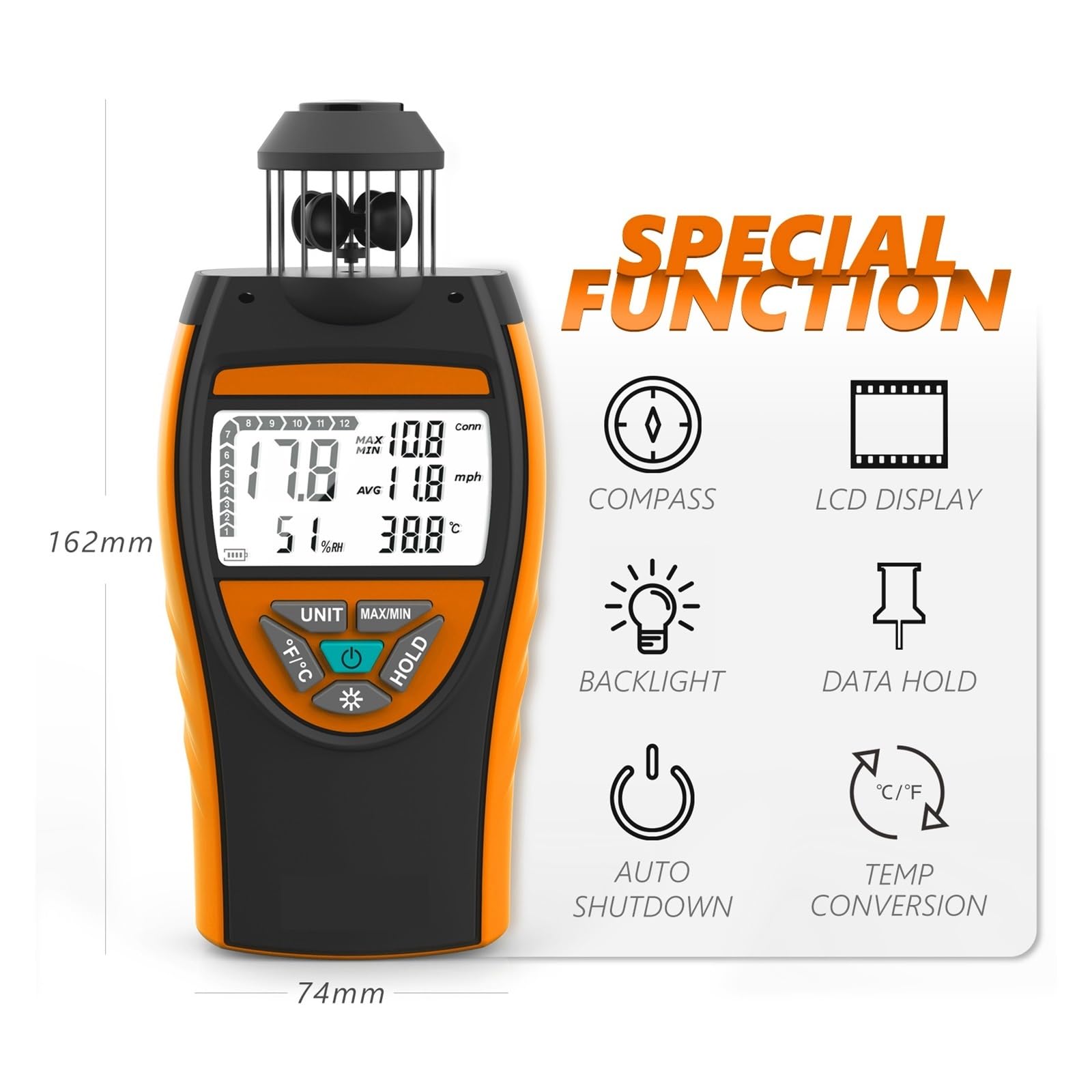 Anemómetro De Copa De Viento De Mano 6 Unidades Ajustables Con Pantalla De Retroiluminación De Medición De Temperatura(Blue)