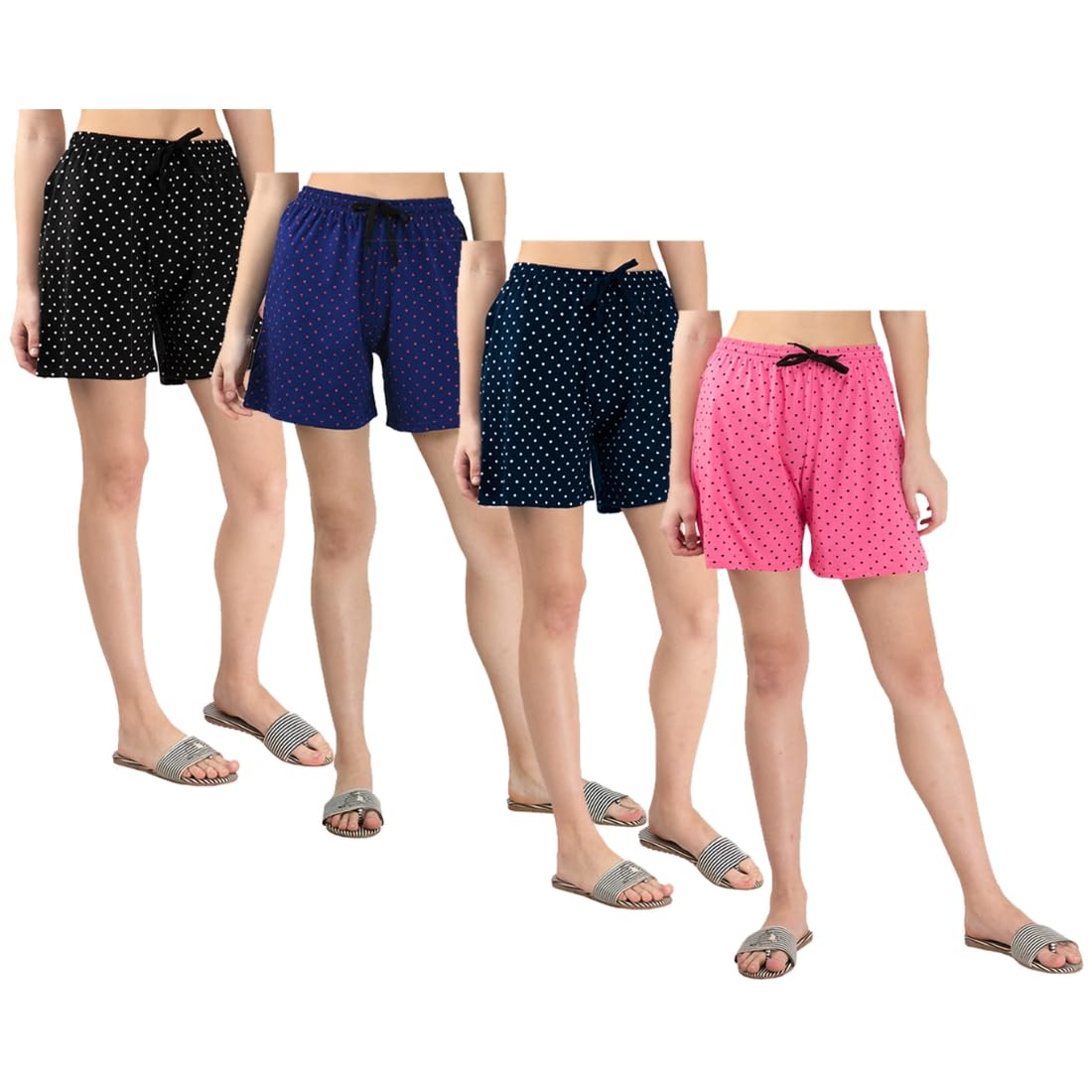 kayu Pack of 4 Women’s Polka Dot Printed Shorts with Drawstring Waist – Comfortable Casual Lounge Wear, Breathable Fabric, Stylish Summer Sleepwear Shorts for Women Pink, Navy Blue, Blue, Black-picture-44