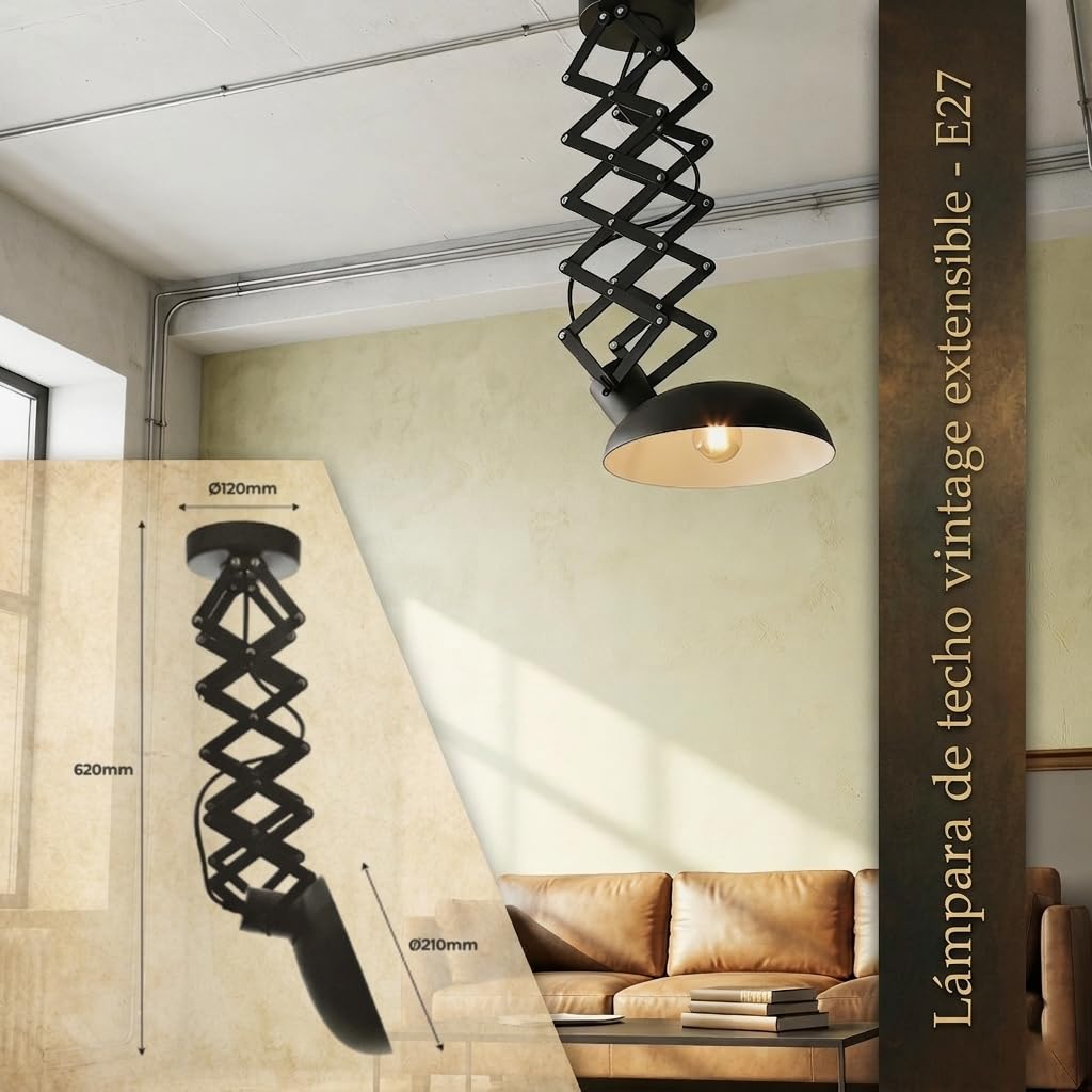 BARCELONA LED Vintage Industrielle Deckenlampe Ausziehbar Scherenarm Pendelleuchte E27, Metall Schwarz Matt, 220–240V, 40W, Verstellbar, Wohnzimmer Küche Schlafzimmer Büro Loft Beleuchtung