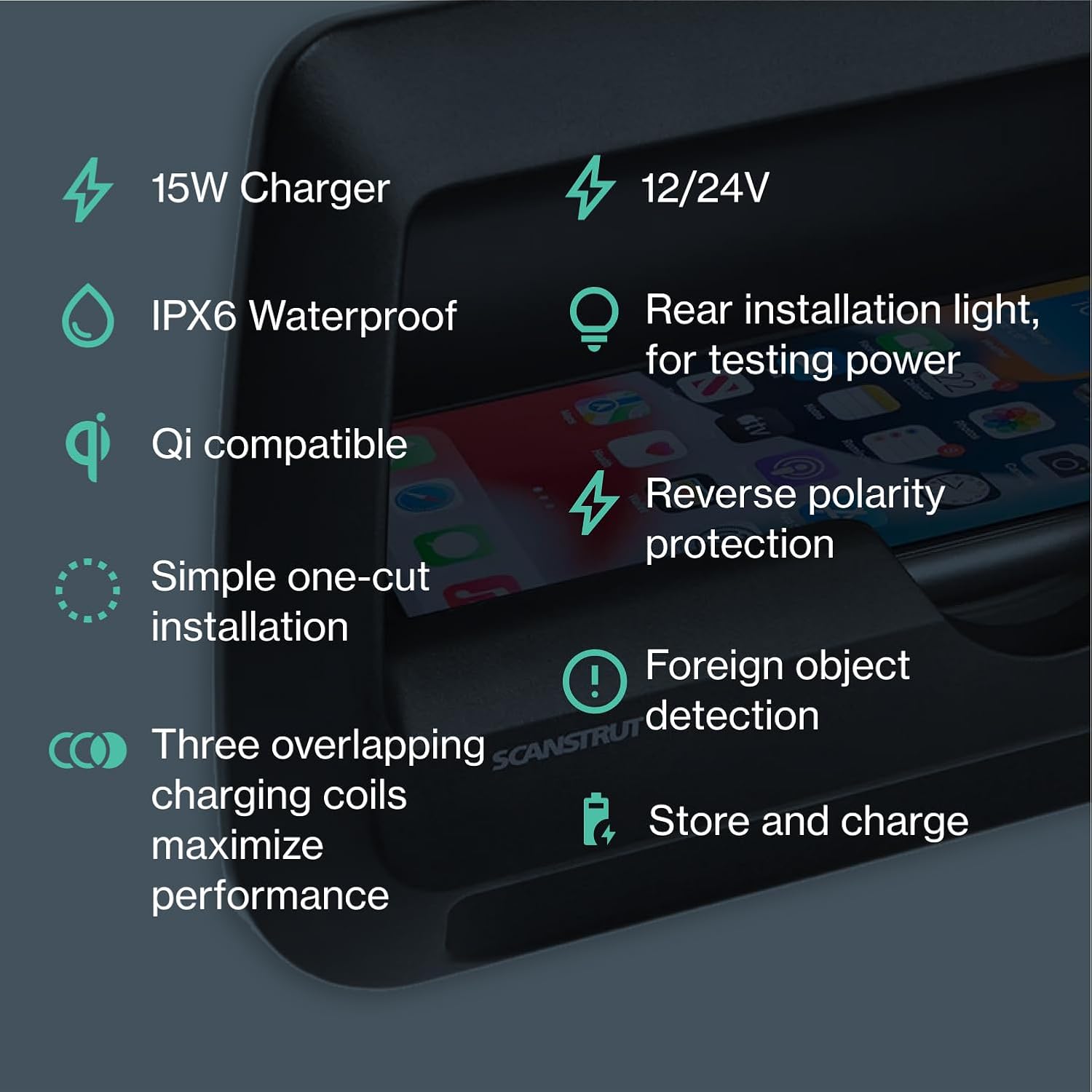 Scanstrut SC-CW-09GT Waterproof Wireless Charger - Cove 3 Coil 15W Phone Charging Pocket 12/24V
