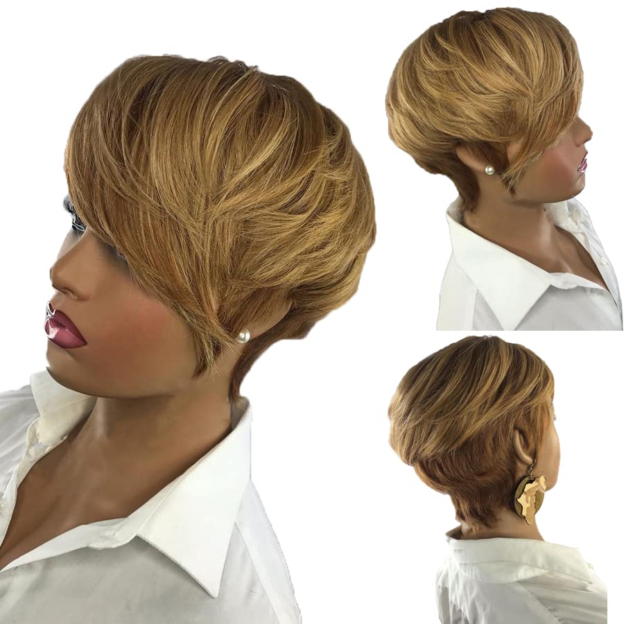 BeiSD Short Pixie Cut Wigs with Bangs Mixed Blonde Brown Short Wig Synthetic Wigs for Black Women Mixed Blonde Short Hairstyles for Women… (9818)