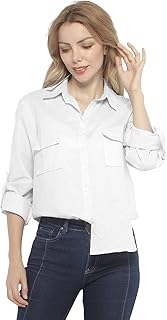 Match Women's Linen Button-Down Long Sleeve Shirts with Pockets #2046