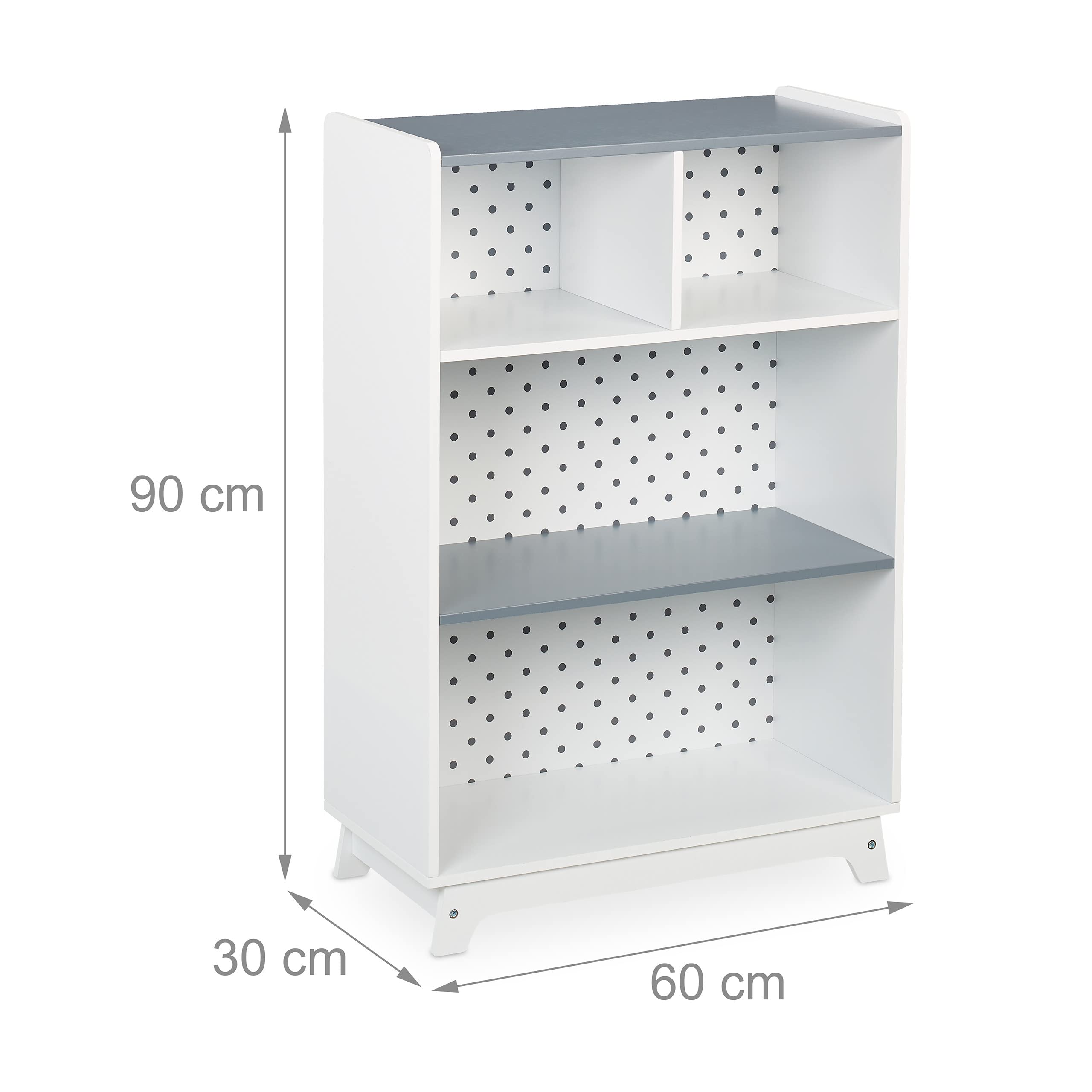 Relaxdays Estantería Infantil 90x60x30 cm, Organizador Juguetes con 4 Baldas Abiertas, Niñas y Niños, Blanco y Gris