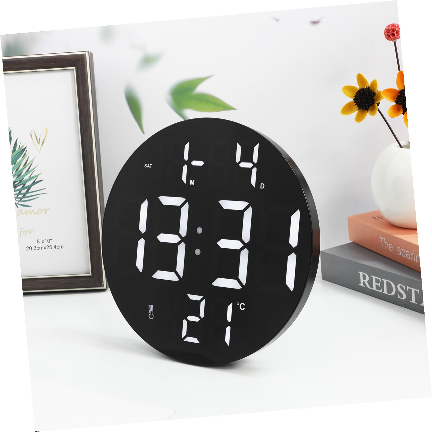 Toyvian Digitale LED Runduhr mit Fernbedienung und Großem Display Kunststoffgehäuse Datums und Temperaturanzeige Batteriebetriebene Funkwanduhr für Wohnzimmer und Büro