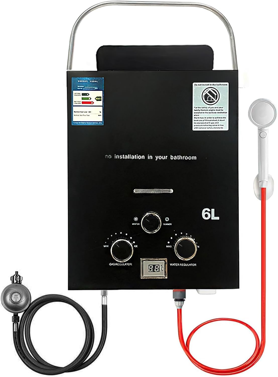 6L Chauffe Eau Gaz, 12KW Chauffe eau Instantané, Chauffe eau Camping Car, Chauffe Eau Portable pour Propane(28-30mbar)/Butane(37-50mbar), pour Camping, RV Voyage, Hiver et Été (Noir)