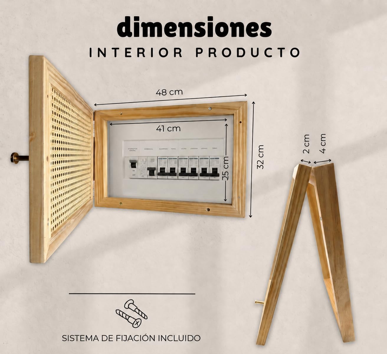 Tapa cuadro eléctrico decorativo, Contador Luz Decorativa de madera y ratán Cuadro para Tapar Cuadro Eléctrico Caja contador Eléctrico Cubre Contadores de Luz tapa para Cuadro de Luces 41×25×4 cm