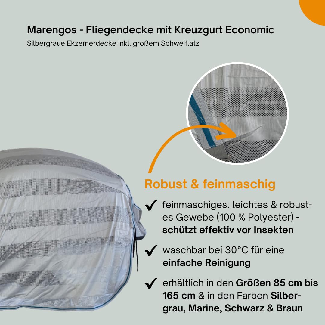 Marengos - Fliegendecke mit Kreuzgurt Economic – Schutz vor Insekten & Plagegeistern – Ekzemerdecke inkl. großem Schweiflatz – Verstellbarer Kreuzgurt – Pferdedecke in Silbergrau – 155 cm