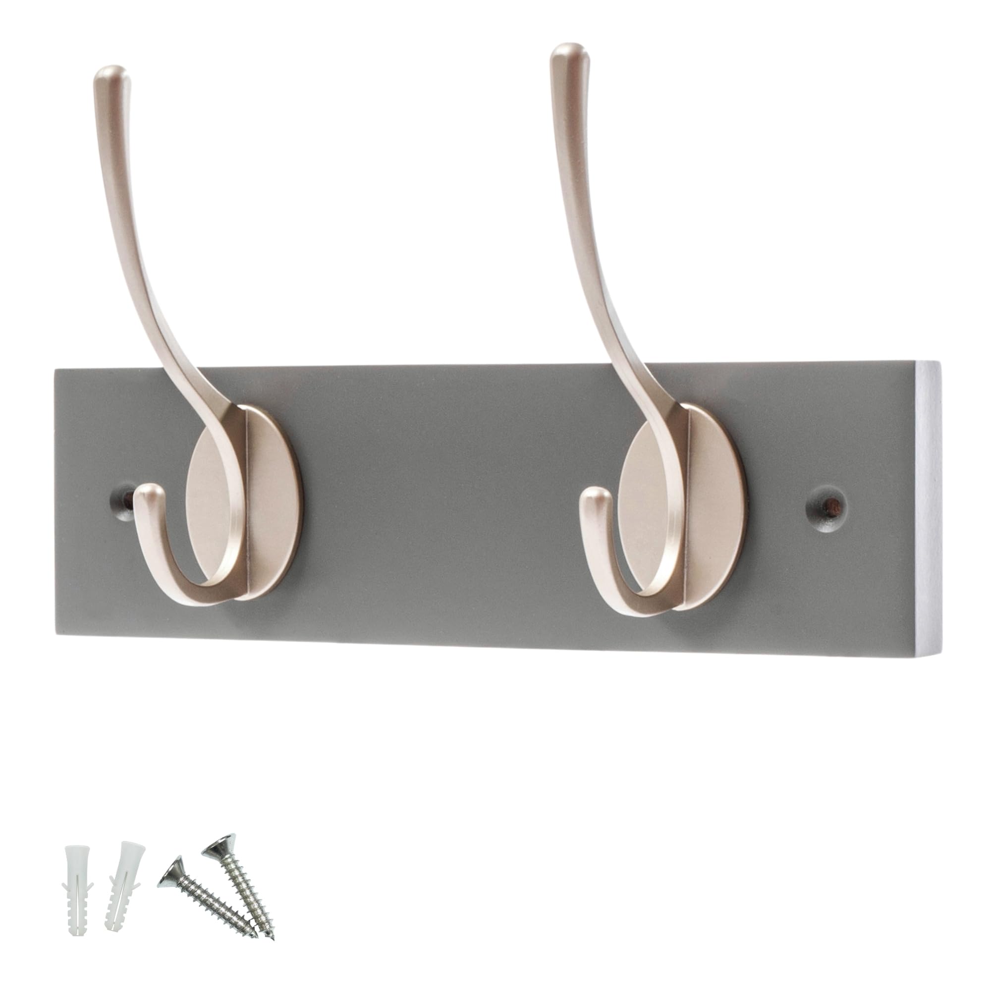 keypak 2 Hook Slate Grey Wooden Wall Mounted Coat Rack with 2 Satin Nickel Hooks - Heavy Duty Wooden Board for Coats, Hats, Bags, Tools Space Saving Wall Storage Organiser, Fixings Included