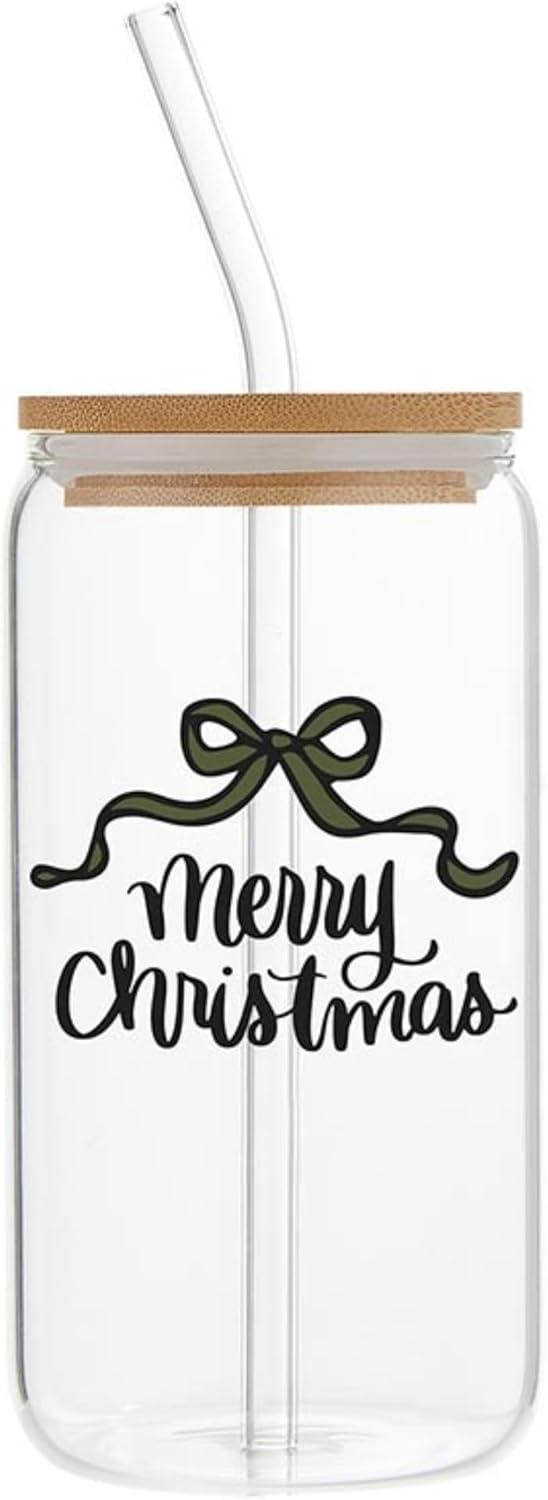 Santa Barbara Design Studio Holiday Cold Brew Glass Travel Tumbler Cup with Bamboo Lid and Glass Straw, 16 Fluid Ounces, Merry Christmas Bow