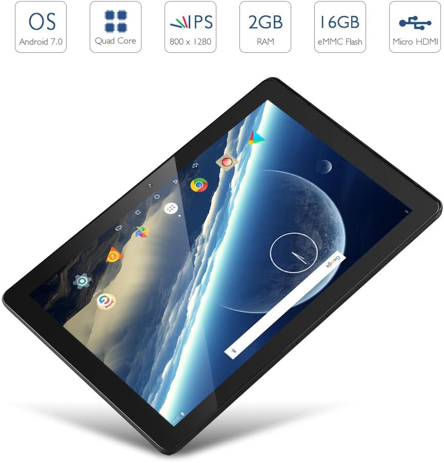 Dragon Touch X10 Tablet 10.1 inch Android Tablet 2GB RAM 16GB Nand Flash Android 7.0 Nougat, 10 Inch Quad Core 800x1280 IPS Display with Micro HDMI Slot