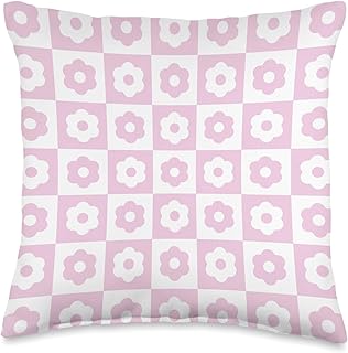Aesthetic Pastel Pink Flower Checker Retro Pattern Throw Pillow