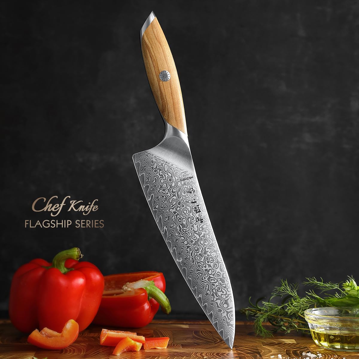 HEZHEN Cuchillo de Cocina Damasco, 21CM Cuchillo Chef de Acero Damasco de 73 Capas, Cuchillo de Cocinero Profesional Mango de Madera de Olivo
