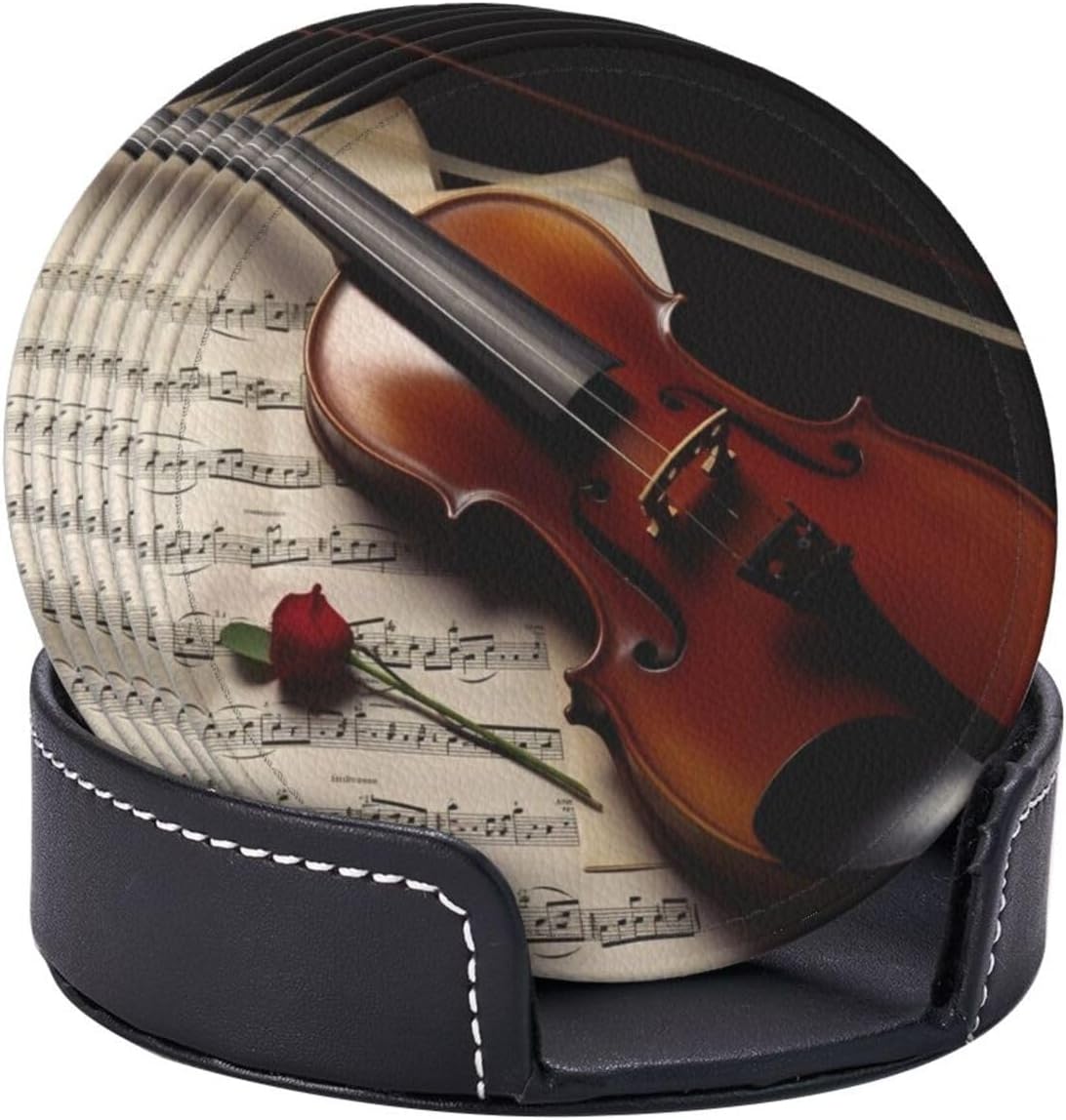 Violin Sheet Music Coasters Set of 6 for Drinks Absorbent Leather Coaster with Holder Round Cup Mat for Table Protection Coffee Table Mats for Home Decor House Warming Gifts image 4