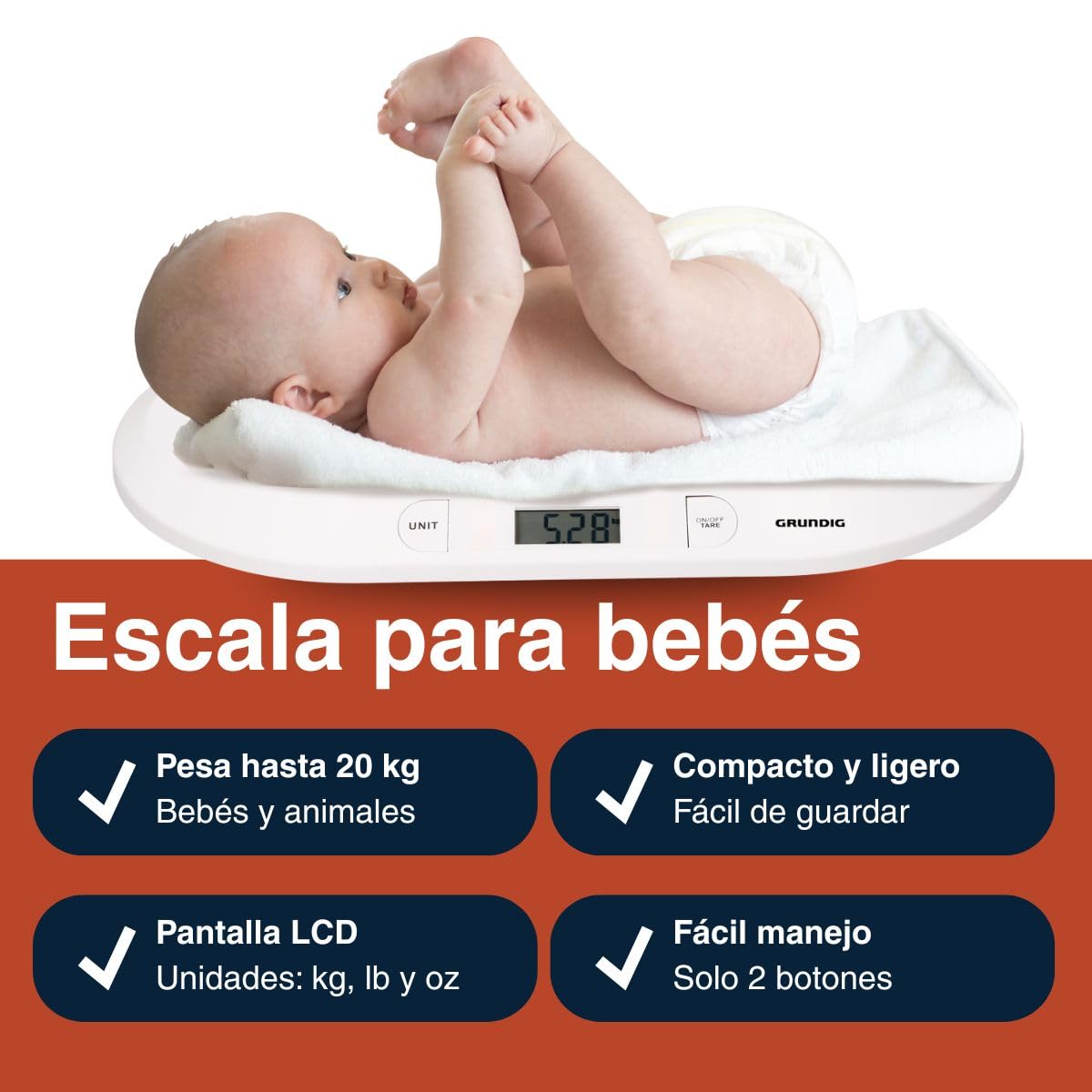 Grundig Bascula Bebe Digital - Bascula Bebe Recien Nacido - Bébes Hasta 20 G - 10 GR de Precisión - Función de Tara - Blanco
