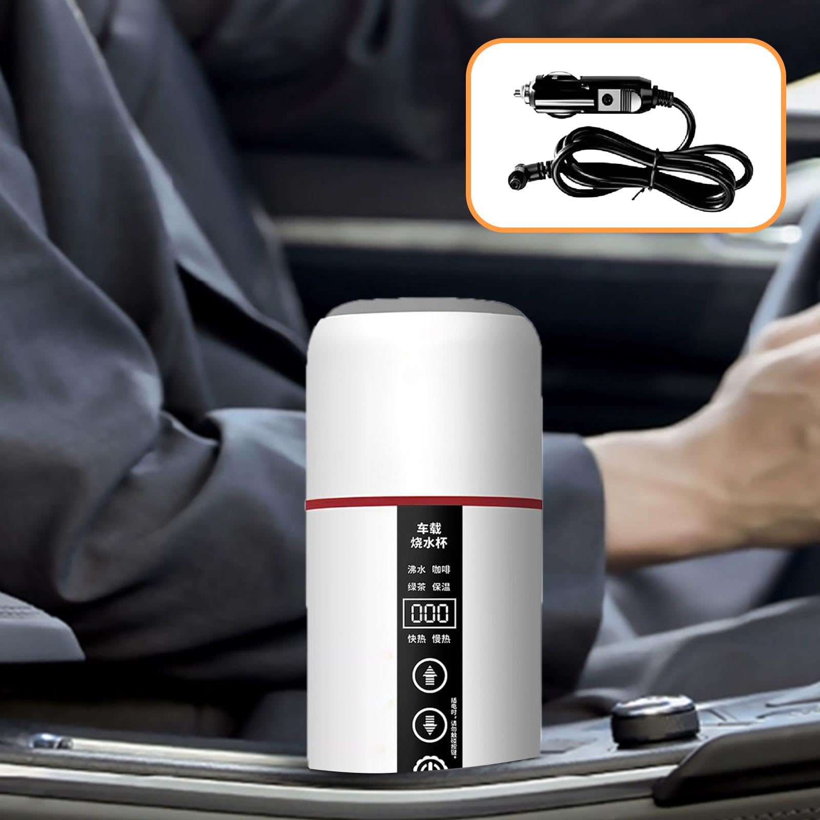 Bouilloire Voiture Électrique Tasse Chauffante Gourde INOX Affichage LED Maintien Température Pratique Adaptée Randonnée Camping Travail, Blanc