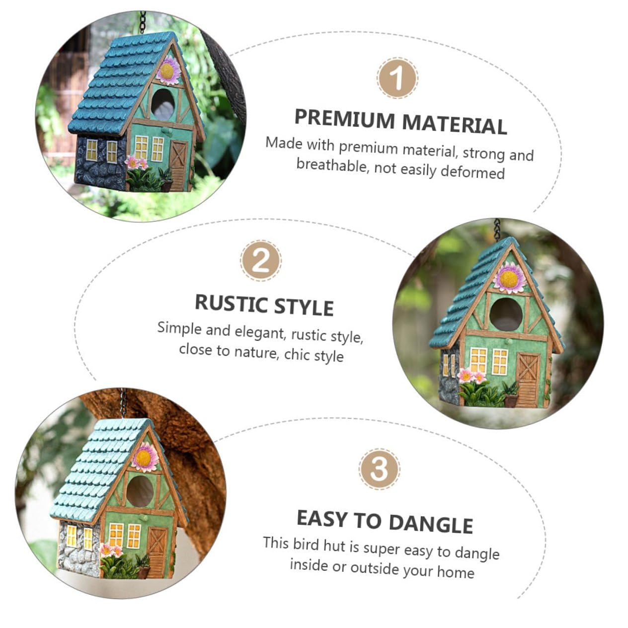 Casa de Pájaros de Resina para Jardín Diseño Rústico, Refugio Cálido para Aves, Decoración Exterior Resistente y Elegante para Patio