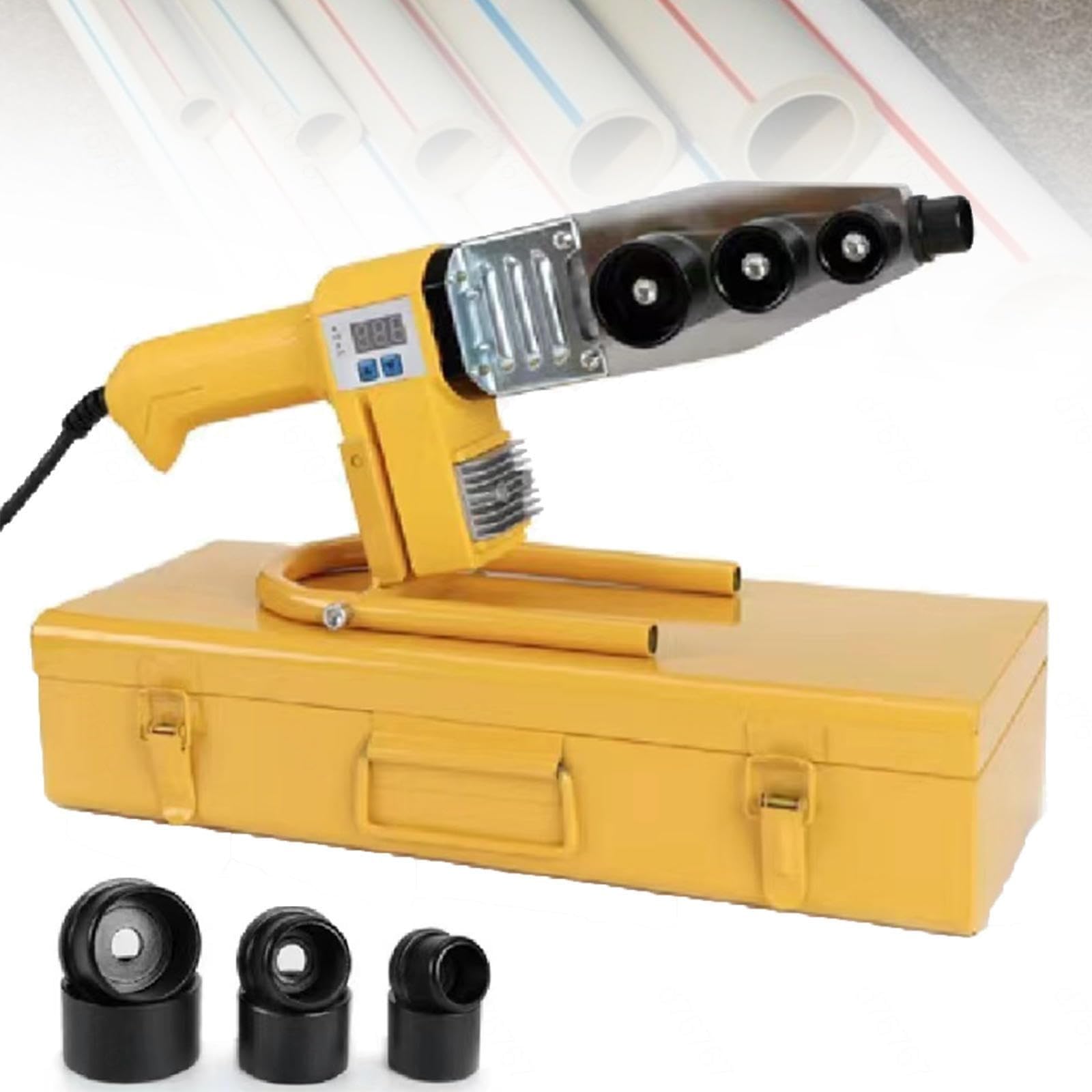 Soldadora de tubos de plástico, soldadora de fusión for tubos de tamaño estándar, soldadora de termofusión portátil con pantalla digital y 3 cabezales for tubos de PPR y PE.