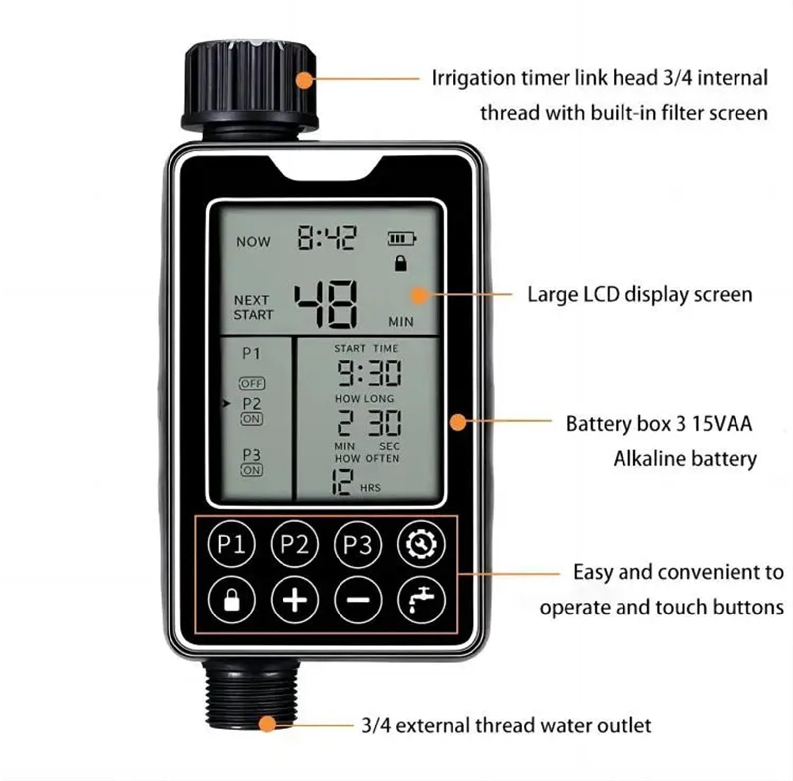 Timer nawadniania, Zegar do podlewania ogrodu na zewnątrz Elektroniczny automatyczny sterownik nawadniania Plastikowa inteligencja Wyświetlacz LCD Sterowanie nawadnianiem zaworu